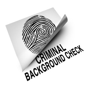 Criminal background check concept and employment screening of potential candidates to verify with a police analysis any hidden history of crime as a lifted paper with an identity fingerprint revealing text as a 3D illustration.